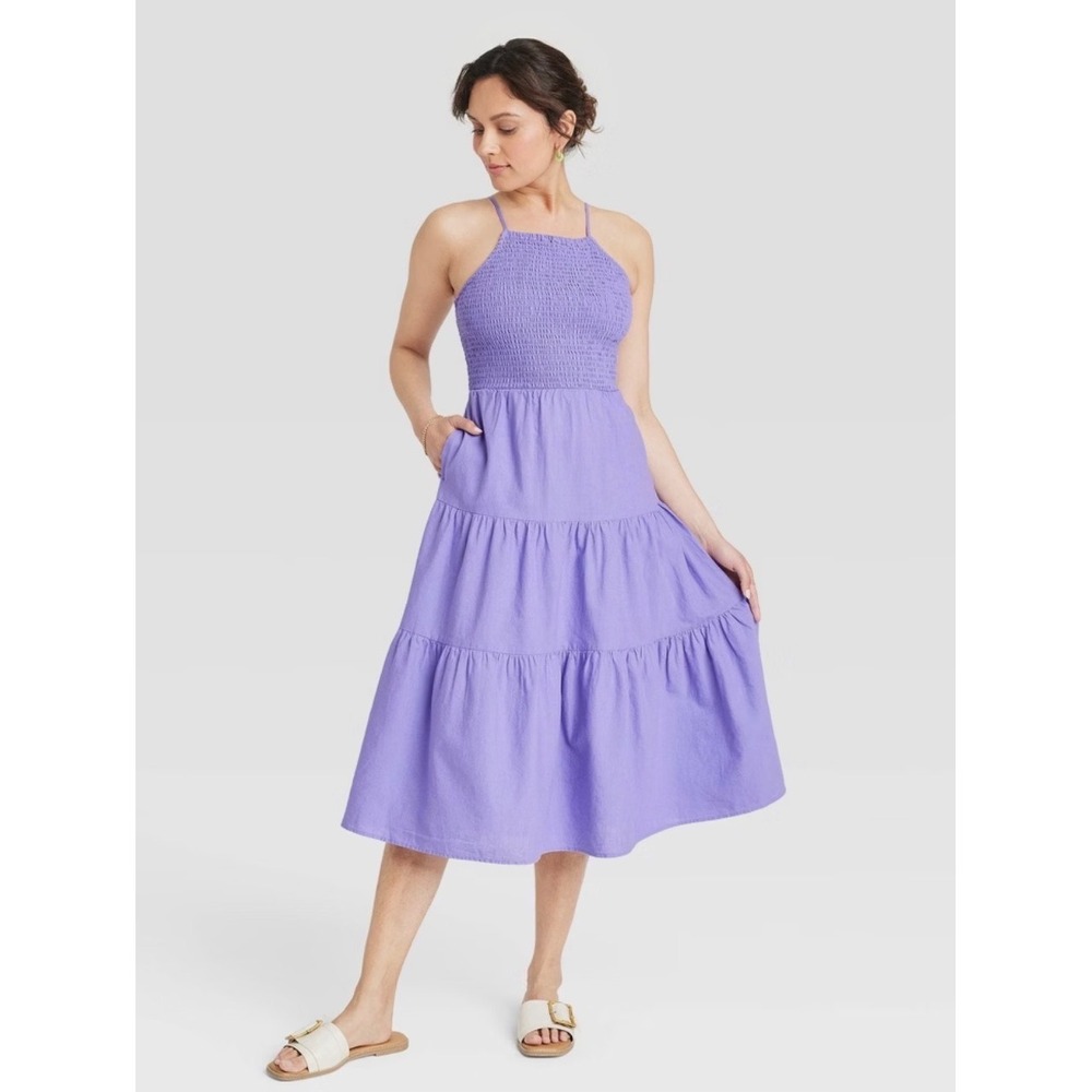 Universal Thread Purple Smocked Tiered Midi Dress‎ Back Cutout Womens Size M